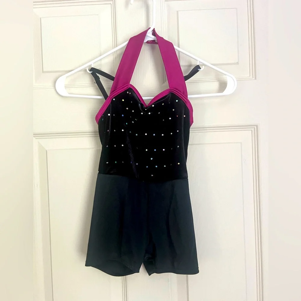 Weissman Hip Hop girl halter black leotard sparkle sequins size SC